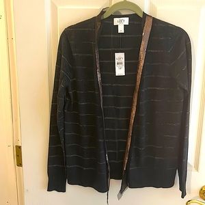 Charcoal gray cardigan with bronze stripes and trim.